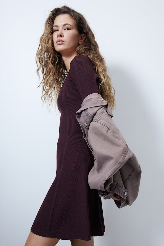 HM Flared-skirt Rib-knit Mini Dress