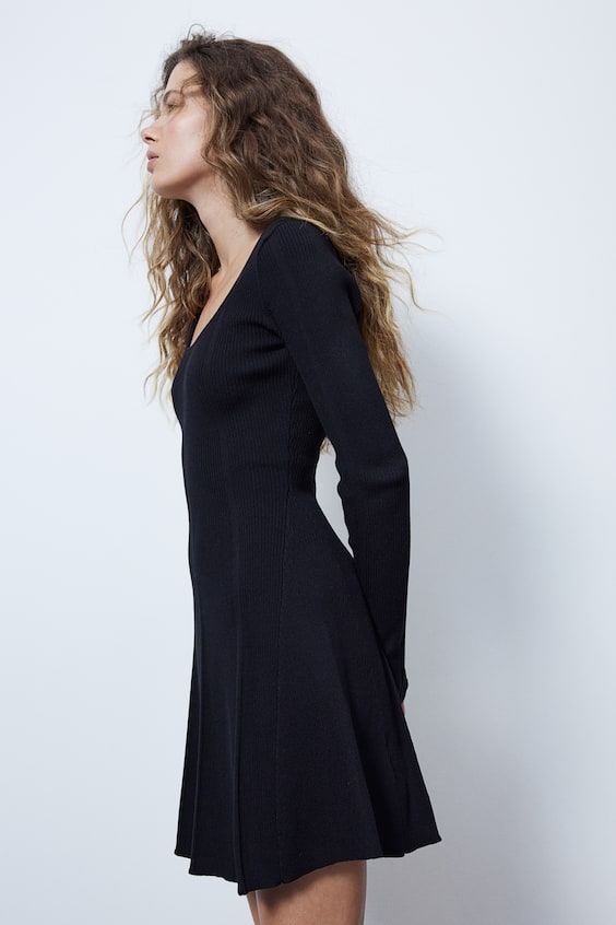 HM Flared-skirt Rib-knit Mini Dress