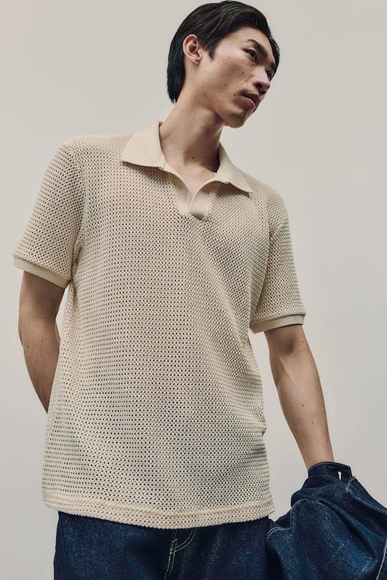 HM Poloshirt im Häkellook in Regular Fit