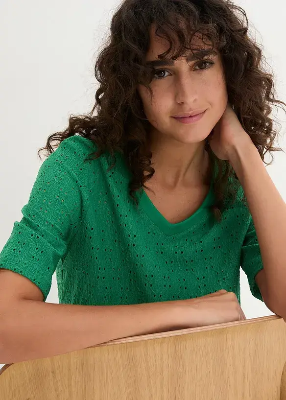 Bonprix Crepe-Shirt Mit Lochstickerei, Leicht Transparent