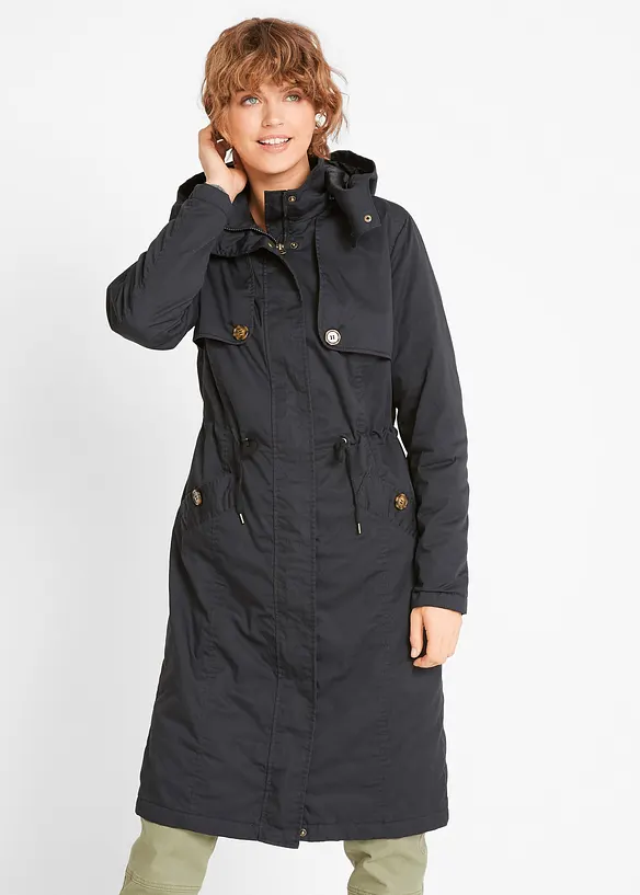 Bonprix Langer Trenchcoat Mit Kapuze, Tailliert, Leicht Wattiert