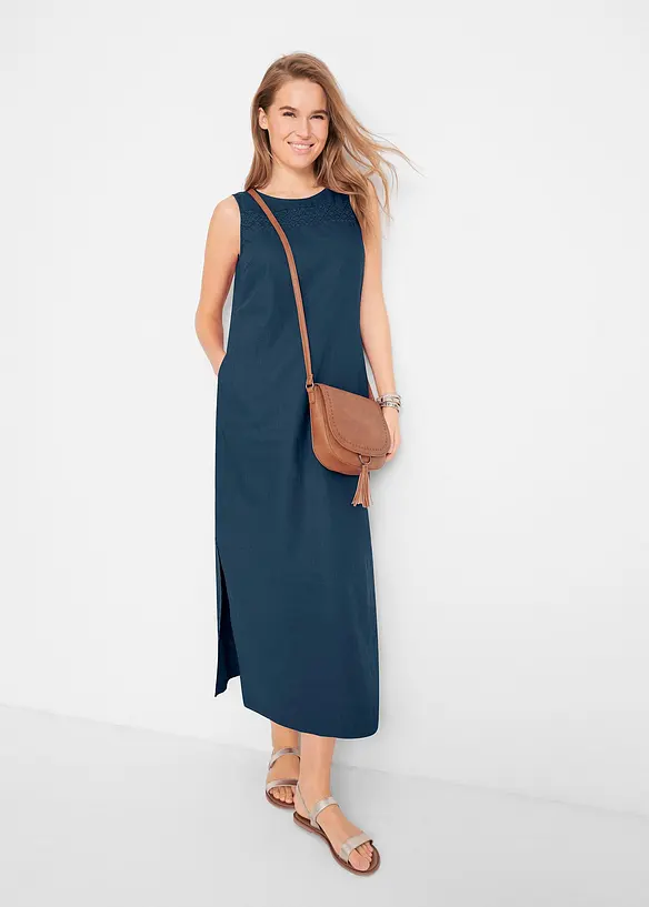 Bonprix Maxi-Kleid Mit Leinen, Lochmuster Am Ausschnitt Und Seitenschlitz