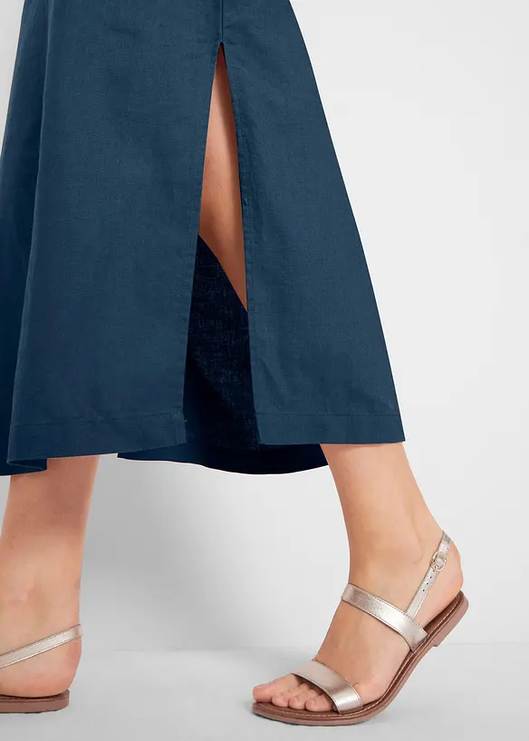 Bonprix Maxi-Kleid Mit Leinen, Lochmuster Am Ausschnitt Und Seitenschlitz