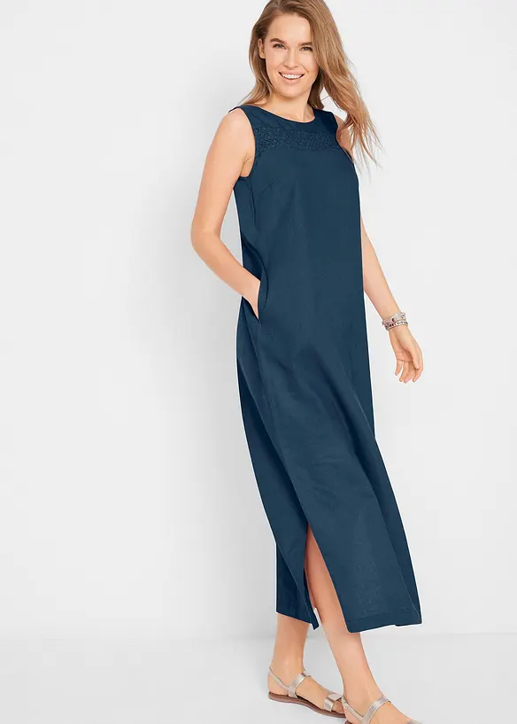 Bonprix Maxi-Kleid Mit Leinen, Lochmuster Am Ausschnitt Und Seitenschlitz