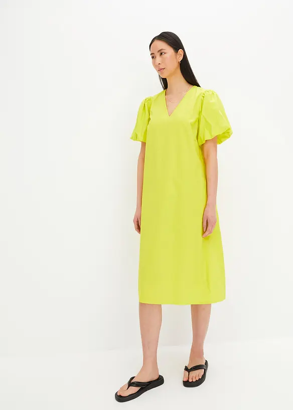 Bonprix Midi-Web-Kleid Mit Ballonärmeln Aus Bio-Baumwolle, Knieumspielend