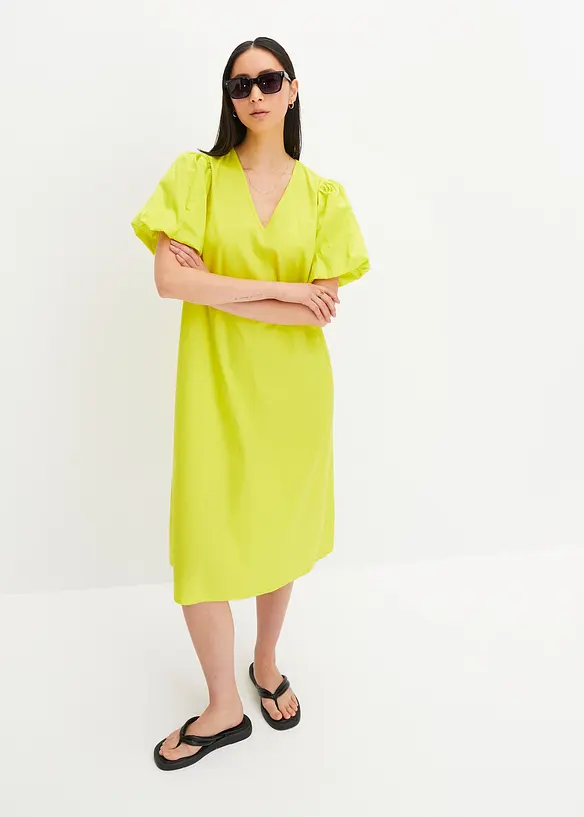 Bonprix Midi-Web-Kleid Mit Ballonärmeln Aus Bio-Baumwolle, Knieumspielend