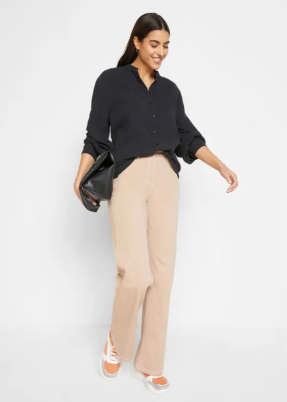 Bonprix Oversized Musselin-Longbluse Aus Baumwolle Mit Seitenschlitzen