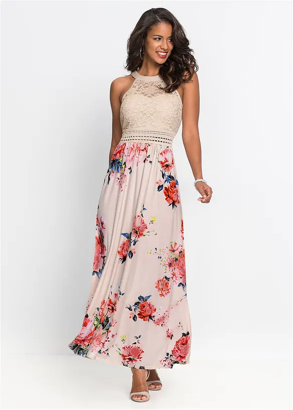 Bonprix Sommer-Maxikleid Mit Blumen-Print Und Spitze