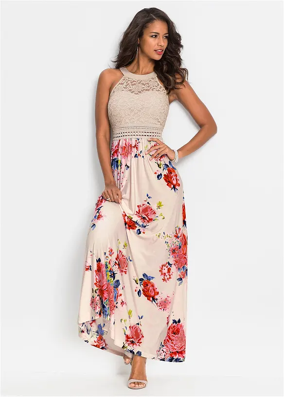Bonprix Sommer-Maxikleid Mit Blumen-Print Und Spitze