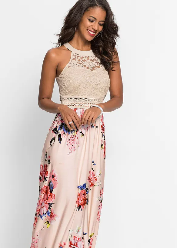Bonprix Sommer-Maxikleid Mit Blumen-Print Und Spitze