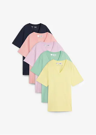 bonprix Weites Long-Shirt mit V-Ausschnitt, Kurzarm (5er Pack)