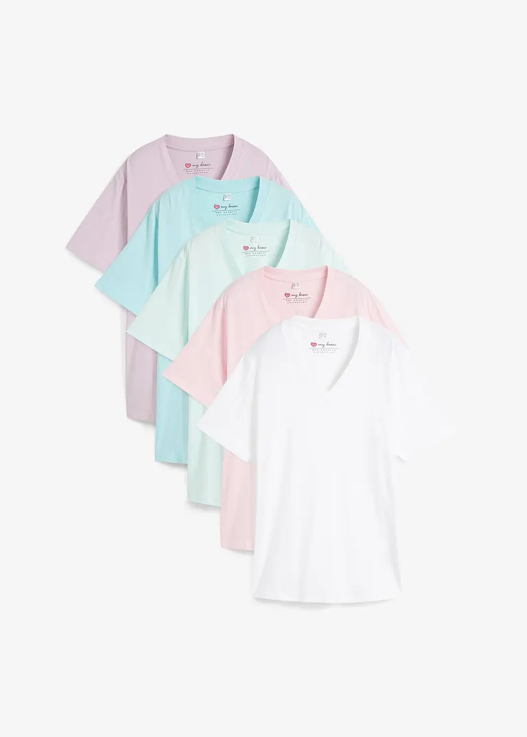 bonprix Weites Long-Shirt mit V-Ausschnitt, Kurzarm (5er Pack)