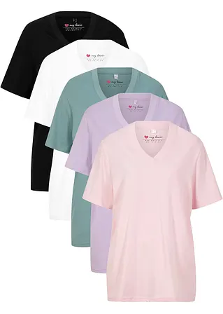 bonprix Weites Long-Shirt mit V-Ausschnitt, Kurzarm (5er Pack)