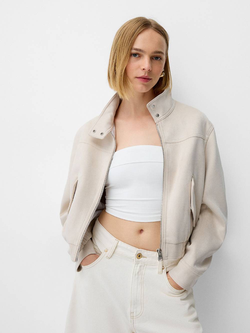Bershka Between-Season Jacket In Ecru