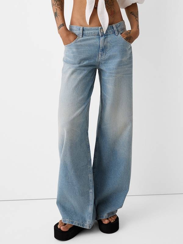 Bershka Wide Leg Jeans In Blue Denim