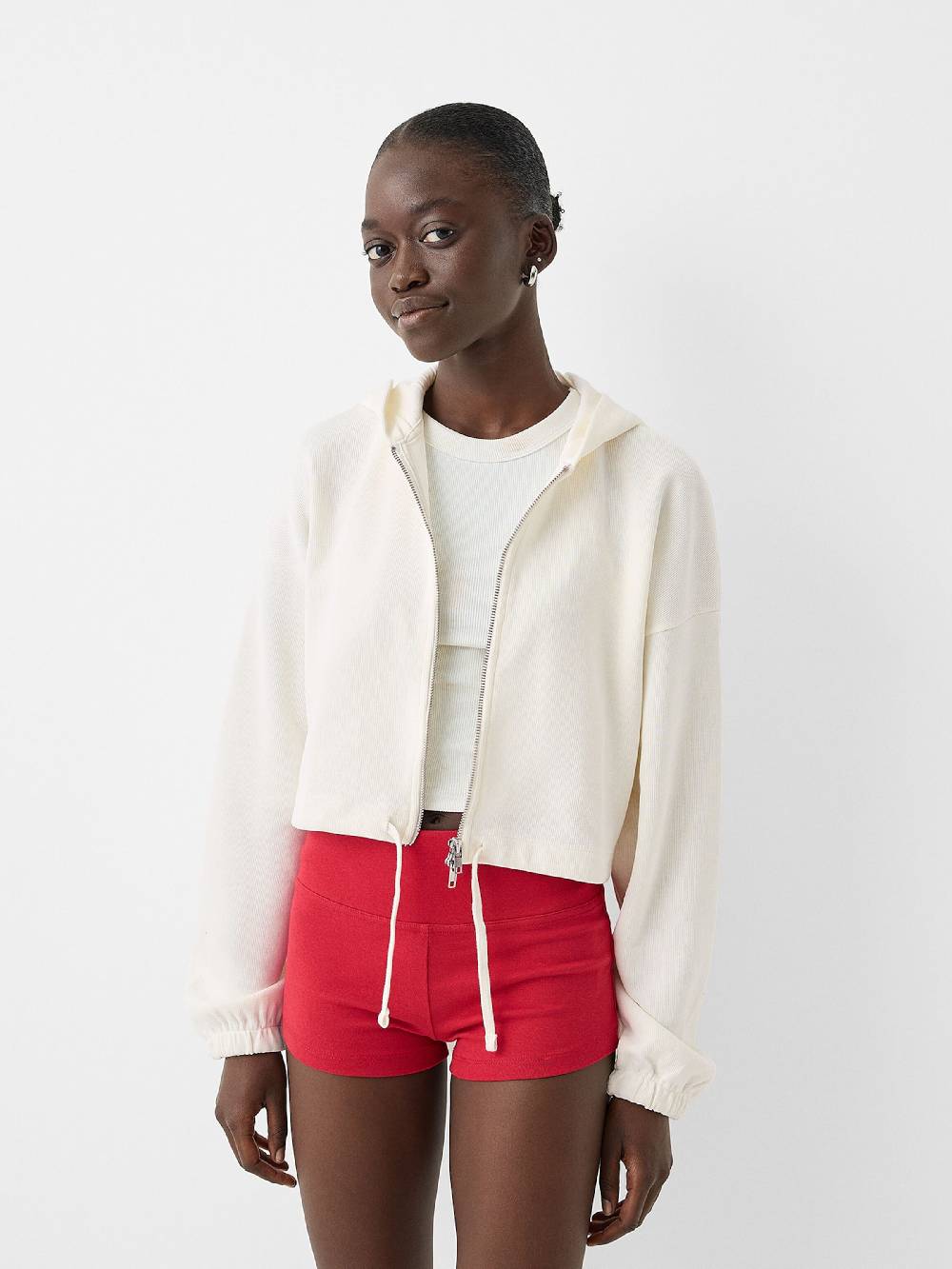 Bershka Zip-Up Hoodie In Off White