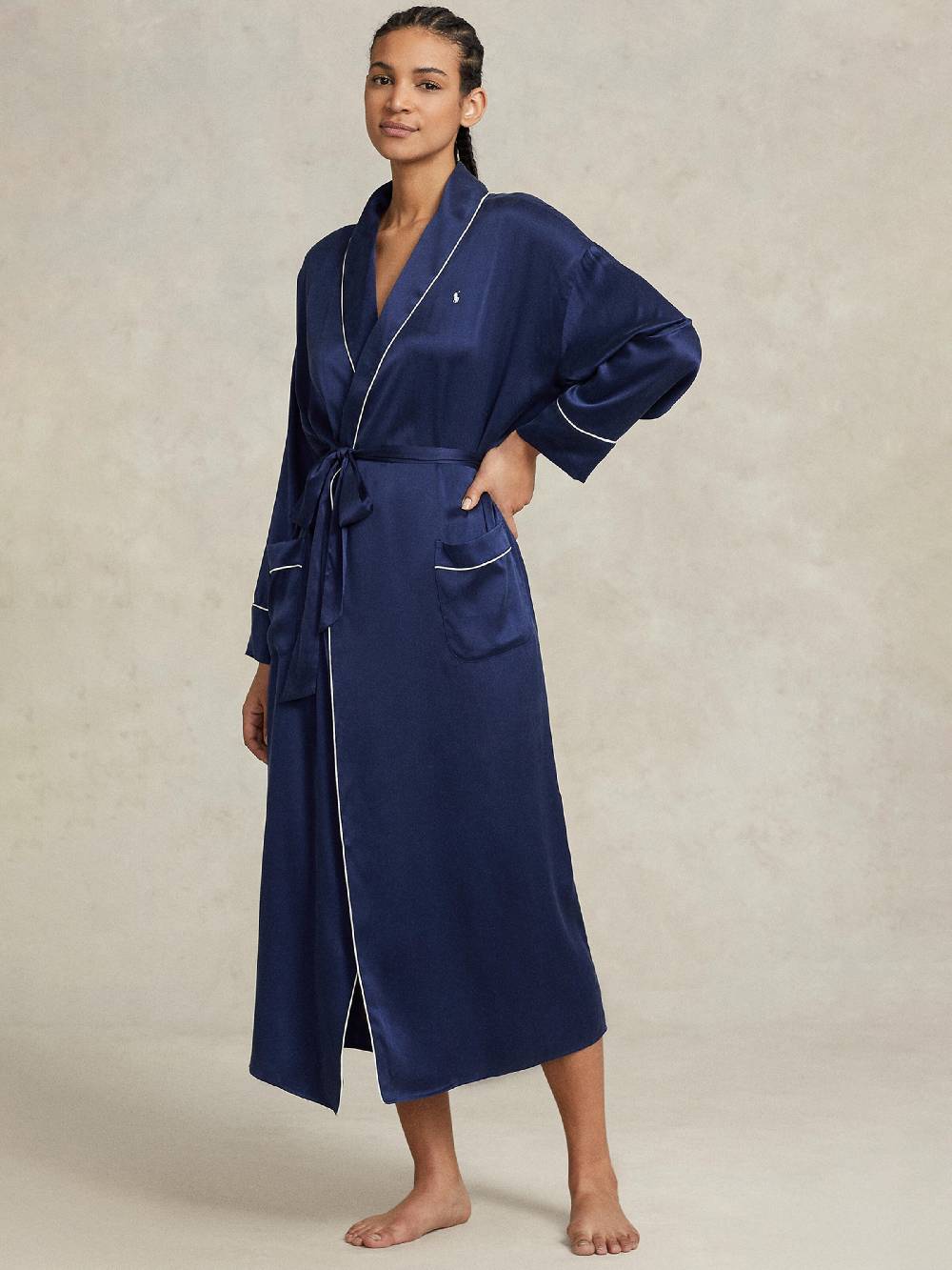 Polo Ralph Lauren Short Bathrobe ' Heritage Silk ' In Navy
