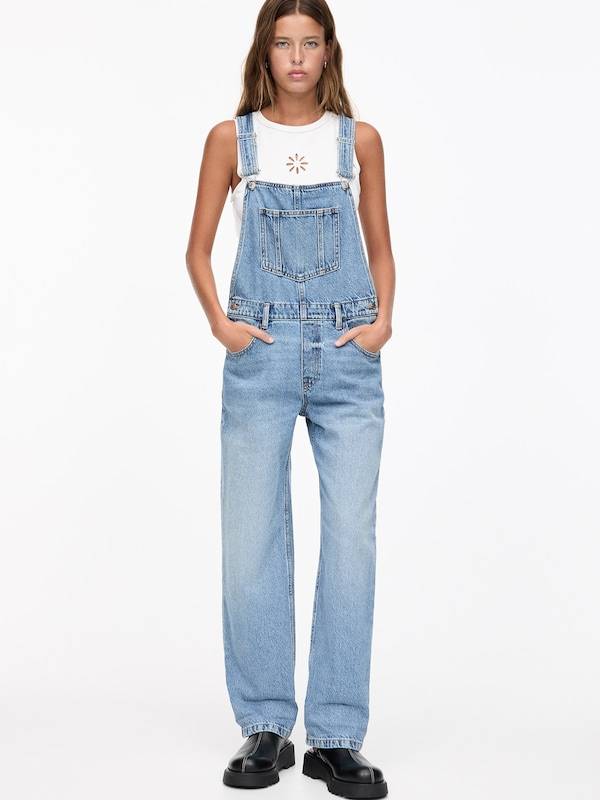 Pull&Bear Loose Fit Jean Overalls In Light Blue