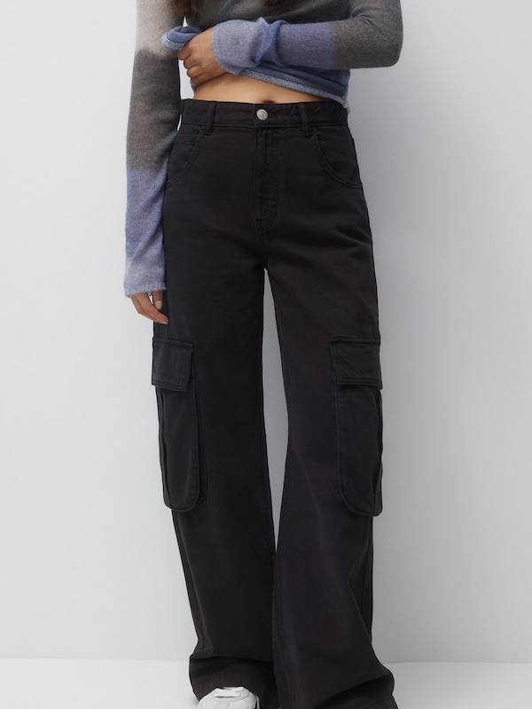 Pull&Bear Wide leg Cargo Pants in Black