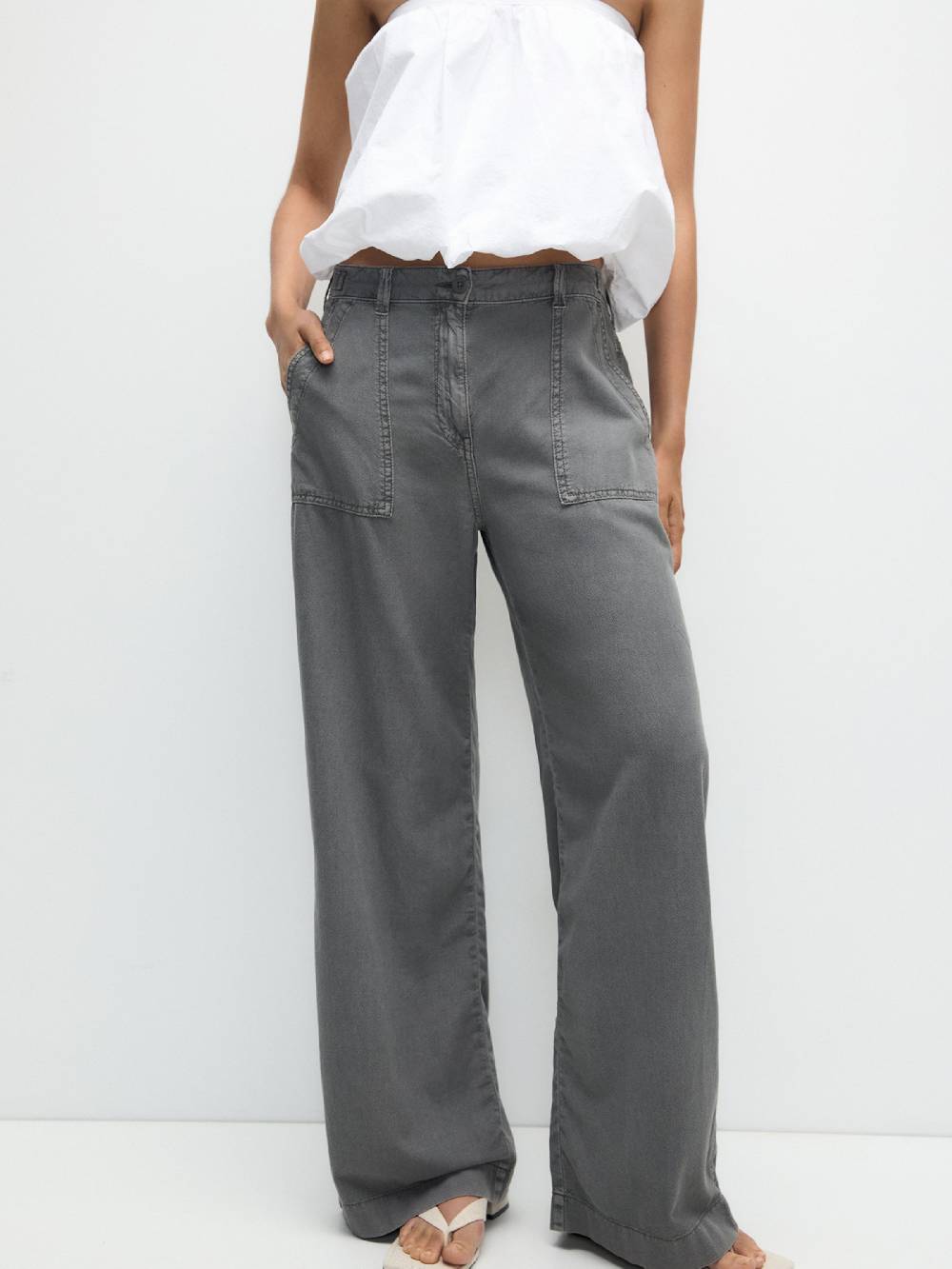 Pull&Bear Wide Leg Pants In Dark Grey