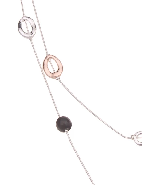 -50% SALE Leslii Damen-Kette Stein-Kugeln Oval-Anhänger Lange Halskette Mehrreihig Silber Rosé