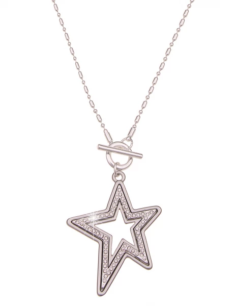 -50% SALE Leslii Damen-Kette Wende-Kette Glitzer Lange Stern-Kette Strass Modeschmuck Silber Matt