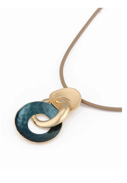 -50% SALE Leslii Halskette Triple Ring Braune Lederlook-Kette Braun Petrol