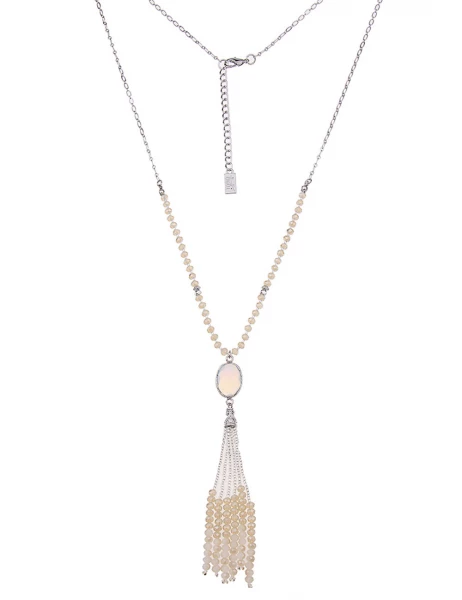 -50% SALE Leslii Lange Halskette Glasperlen-Bommel in Silber Beige