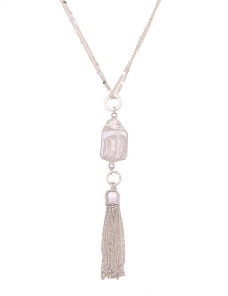 -50% SALE Leslii Lange Halskette Muschel Bommel In Silber Weiß