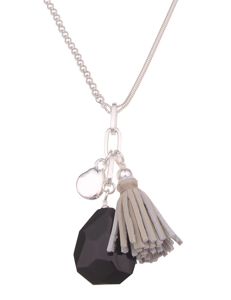 -50% SALE Leslii Lange Halskette Stein & Bommel In Schwarz Silber