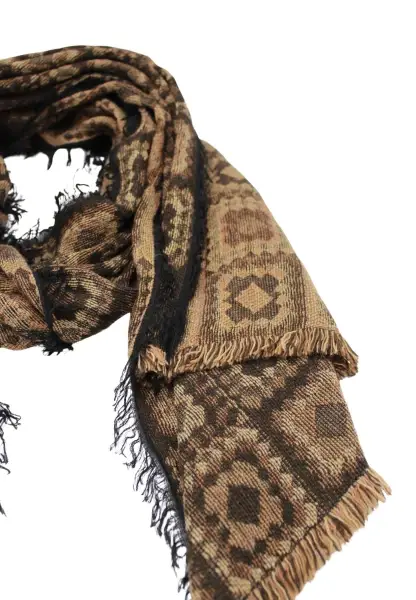 -50% SALE Leslii Schal Kachel-Muster Brauner Muster-Schal Fransen-Schal Gemustert In Camel Braun