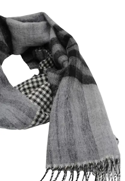 -50% SALE Leslii Schal Muster-Mix Gemusterter Streifen-Muster Fransen-Schal Kariert In Schwarz