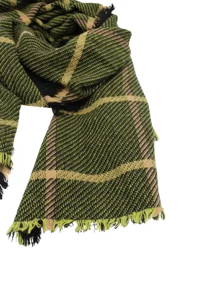 -50% SALE Leslii Schal Quadrat-Muster Grüner Schal Fransen-Schal Gemustert In Grün Beige