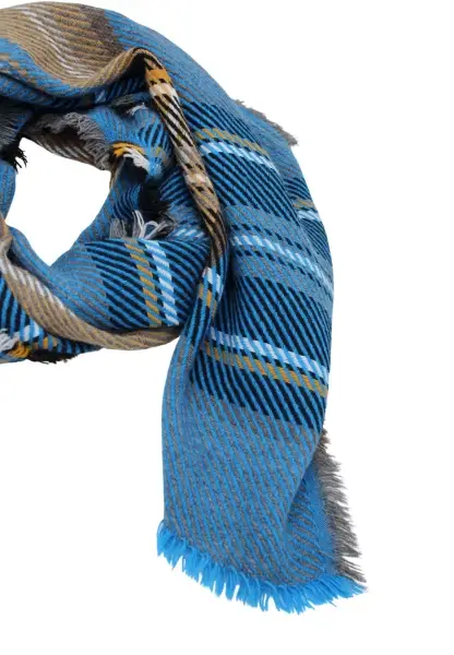 -50% SALE Leslii Schal Streifen-Muster Blauer Schal Fransen-Schal Gemustert In Blau Schwarz