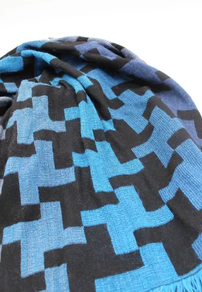 -50% SALE Leslii Schal XXL Hahnentritt-Muster Blauer Schal Fransen-Schal Gemustert In Blau Schwarz