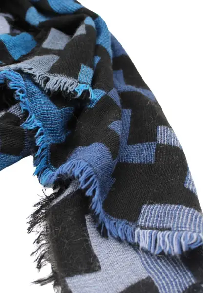 -50% SALE Leslii Schal XXL Hahnentritt-Muster Blauer Schal Fransen-Schal Gemustert In Blau Schwarz