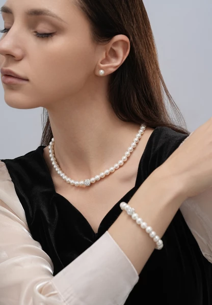 Leslii Armband Glitzer Perlen-Armband Muschelkern-Perlen Strass-Kugel Dehnbar Weiß