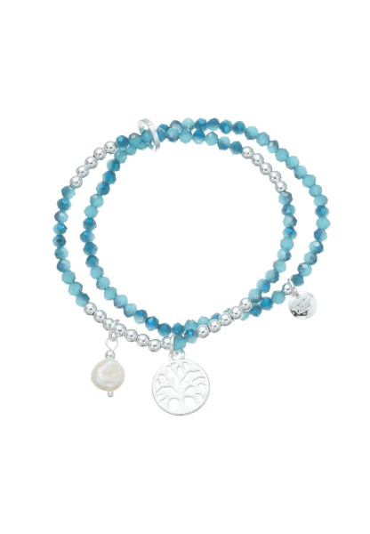 Leslii Damen-Armband Set Lebensbaum Glasperlen Blau Silber