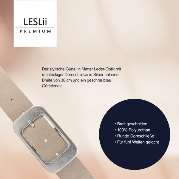 Leslii Damen-Gürtel Basic Statement-Schnalle Breiter Gürtel Uni Breite 4cm Taupe Silber