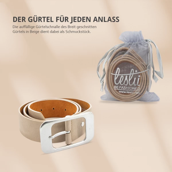 Leslii Damen-Gürtel Basic Statement-Schnalle Breiter Gürtel Uni Breite 4cm Taupe Silber