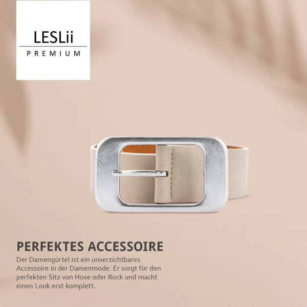 Leslii Damen-Gürtel Basic Statement-Schnalle Breiter Gürtel Uni Breite 4cm Taupe Silber