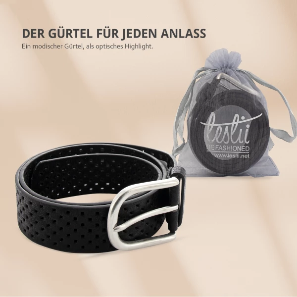 Leslii Damen-Gürtel Square Metallic-Gürtel Loch-Muster Schwarzer Gürtel Breite 3,5cm Schwarz Silber