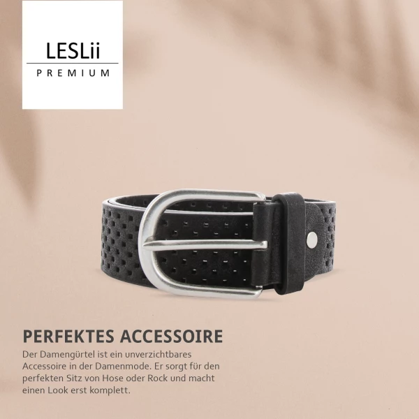 Leslii Damen-Gürtel Square Metallic-Gürtel Loch-Muster Schwarzer Gürtel Breite 3,5cm Schwarz Silber