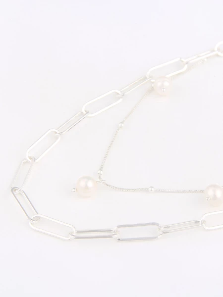 Leslii Damen-Halskette Layering-Kette Mit Süsswasserperlen In Silber Und Weiß Gliederkette Und Venez