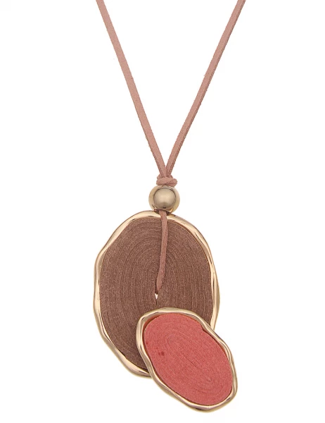 Leslii Damen-Kette Birte Oval-Anhänger Lederlook-Kette Modeschmuck-Kette Gold Braun Rosa