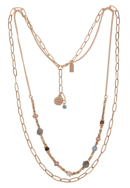 Leslii Damen-Kette Eva Statement Echte Perlen Glieder-Kette Natursteine Modeschmuck-Kette Gold Multi
