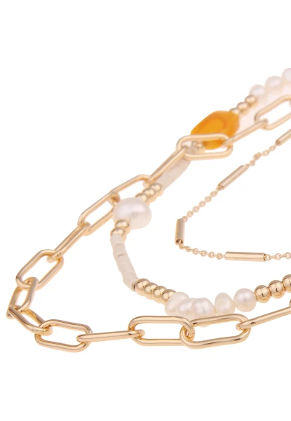 Leslii Damen-Kette Layering Weiße Perlen Glieder-Kette Steine Goldene Modeschmuck-Kette Gold Bunt