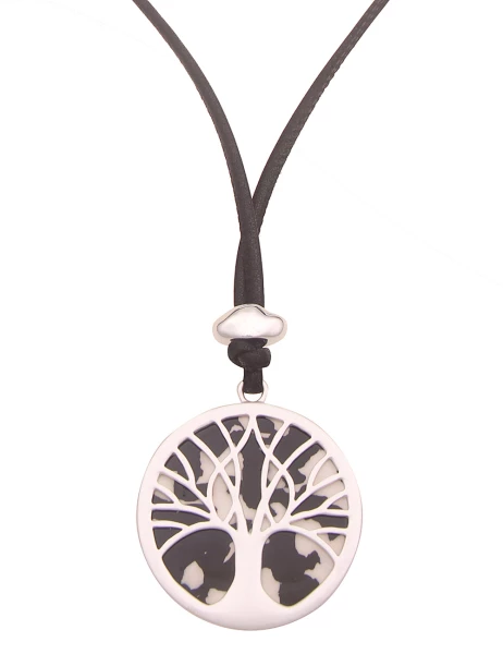 Leslii Damen-Kette Lebensbaum Muster Lange Leder-Look Kette Silber Schwarz