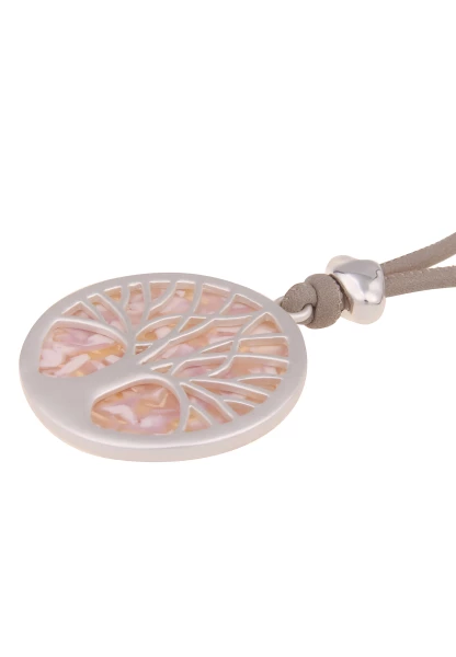 Leslii Damen-Kette Lebensbaum Muster Lange Statement-Kette Veganes Leder-Band Matt Silber Taupe