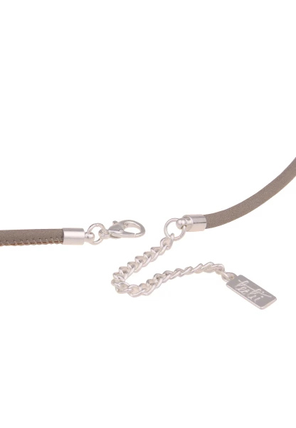 Leslii Damen-Kette Lebensbaum Muster Lange Statement-Kette Veganes Leder-Band Matt Silber Taupe